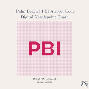 Op de afbeelding: Digitaal kruissteekpatroon met de luchthavencode "PBI" in een heldere roze kleur. Het ontwerp is geplaatst op een lichtroze rasterachtergrond, met tekst boven en onder die de locatie en het formaat aangeeft.