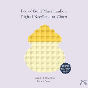 May include: A digital needlepoint chart titled "Pot of Gold Marshmallow." The design features a pixelated pot shape with a yellow top and a light yellow body. The text "Digital PDF Download Instant Access" is also visible.