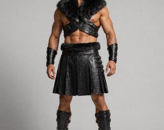 Conjunto de falda escocesa de cuero negro de gladiador para hombre con ribete de piel / Disfraz de guerrero espartano romano
