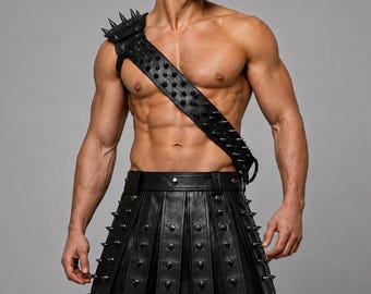 Falda escocesa de cuero con pinchos hecha a mano para hombre / Traje medieval para LARP y cosplay