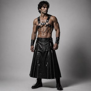 Kilt masculino de couro preto com arnês – Traje de cosplay de armadura de gladiador gótico