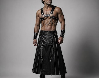 Arnés de kilt de cuero negro para hombre – Traje de cosplay de armadura de gladiador gótico