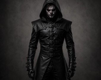 Gothic Joker Hooded Leather Coat Costume | Dark Clown Inspired Outfit | Gothic Horror Cosplay