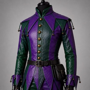 May include: A long-sleeved jacket featuring a vertical color-blocked pattern of deep purple and dark green. The garment has a high collar, a front button closure with metallic gold buttons, pointed hem panels, and dangling gold-toned ball accents.