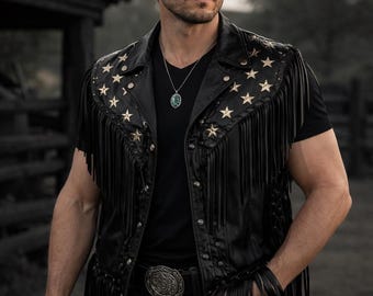 Chaleco de cuero negro para hombre con flecos y tachuelas de estrella – Chaleco estilo motero western