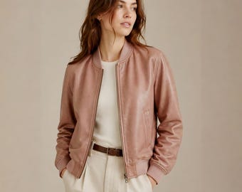 Chaqueta bomber de cuero rosa palo – Estilo motero casual minimalista de corte ajustado