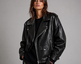 Chaqueta de cuero negra extragrande estilo motero – Abrigo de estilo urbano motero de corte relajado