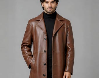 Gabardina de cuero marrón para hombre – Abrigo largo de un solo botón / Cuero de lujo hecho a mano.