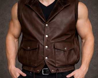 Chaleco de cuero marrón para hombre con cuello de borrego – Chaleco de invierno estilo motero con botones a presión