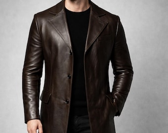 Gabardina de cuero genuino marrón para hombre / Abrigo largo clásico para LARP y cosplay