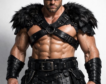 Disfraz de vikingo, armadura de guerrero de cuero negro / arnés de piel para los hombros / disfraz medieval de cosplay para hombre