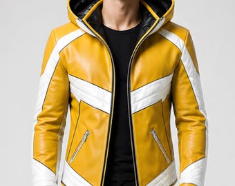Chaqueta con capucha de cuero inspirada en el anime para hombre / Estilo motociclista / Cuero genuino hecho a mano