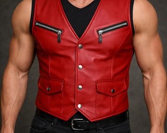 Veste motard en cuir rouge pour homme - Gilet moto à boutons-pression
