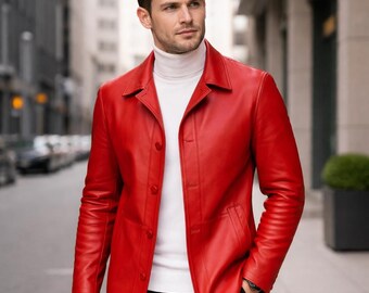 Chaqueta de cuero genuino roja para hombre, hecha a mano / Abrigo clásico de moda para cosplay, LARP y prendas que marcan tendencia.