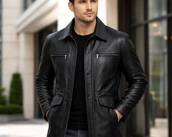 Chaqueta de cuero genuino negra para hombre, hecha a mano / Abrigo clásico de cuero para cosplay, LARP y uso diario.