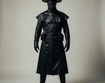 Abrigo de cuero gótico de doctor, atuendo de cosplay medieval steampunk de la peste / Disfraz de Halloween de fantasía oscura