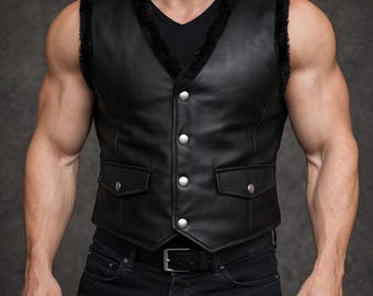 Chaleco de cuero negro para hombre con ribete de piel – Chaleco de motorista con botones a presión