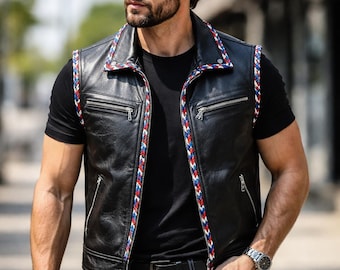 Chaleco de cuero negro para hombre con ribete en contraste – Elegante chaleco de moda sin mangas estilo motero