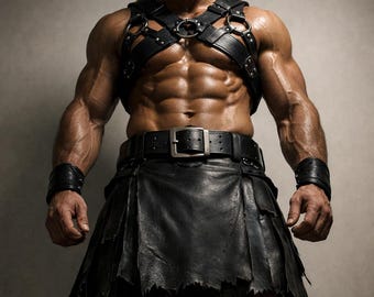 Black Leather Gladiator Costume, Roman Warrior Harness Outfit, Handmade Leather Kilt Armor