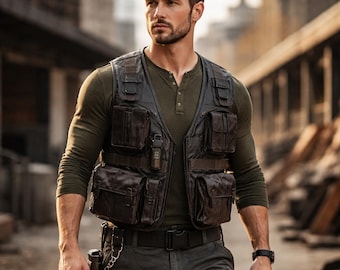 Chaleco táctico utilitario negro para hombre: chaleco resistente de estilo combate para exteriores con múltiples bolsillos.