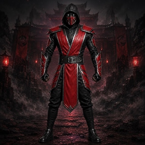 Könnte beinhalten: Ein Ninjakostüm bestehend aus einer schwarz-roten Tunika mit Kapuze, passenden Schulterpanzern, Unterarmschienen und einem Gürtel. Das Outfit umfasst eine rote Gesichtsmaske mit weißen Augenlinsen, eine schwarze Hose und schwarze Stiefel.
