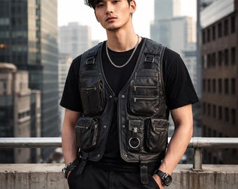 Chaleco utilitario de cuero negro para hombre – Chaleco táctico de moda urbana con múltiples bolsillos
