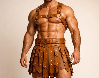 Conjunto de falda escocesa y arnés de gladiador romano de cuero auténtico, disfraz de guerrero para cosplay.