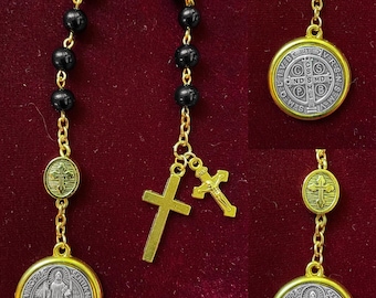 St. Benedict’s medal protection tenner rosary amulet with obsidian