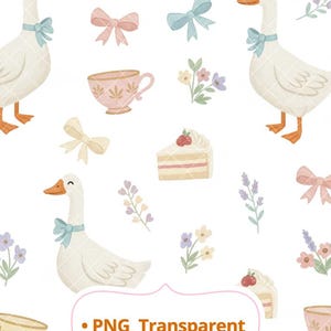 Pode incluir: Um padrão caprichoso com gansos brancos com laços azuis, xícaras de chá, laços, flores e fatias de bolo em um fundo branco. A imagem inclui o texto "PNG Transparent" e "High Resolution".