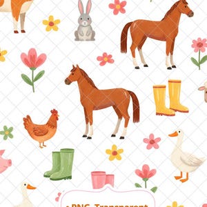 Pode incluir: Um padrão repetitivo de animais de fazenda e flores em um fundo branco. O design inclui uma vaca, um coelho, cavalos, uma galinha, um porco, um ganso e flores em rosa, amarelo e verde. O texto "PNG Transparente" e "Alta Resolução" também está incluído.