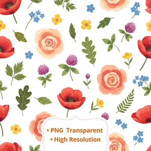 Wildflower Seamless Pattern PNG, Poppy Floral Digital Paper, Botanical Meadow Background for Fabric, Scrapbook, Sublimation