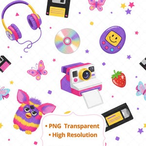 Puede incluir: Un patrón colorido con elementos retro como auriculares, una cámara Polaroid, un Furby, un CD, una cinta VHS y mariposas. El diseño utiliza una paleta de colores púrpura, rosa, amarillo y blanco, con estrellas y otras formas pequeñas. El texto de la imagen dice "PNG Transparente" y "Alta Resolución."
