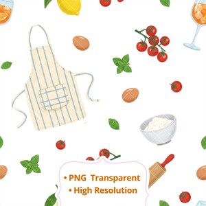 Può includere: Un motivo senza cuciture con elementi culinari su sfondo bianco. Il design include un grembiule a righe, pomodori, uova, foglie di basilico, una ciotola di farina, un mattarello e un limone. Il testo nell'immagine dice "PNG Trasparente" e "Alta Risoluzione".