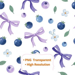 Motivo senza cuciture Blueberry Bow Coquette PNG, carta digitale Coquette, sfondo floreale con bacche per tessuti, scrapbooking, sublimazione