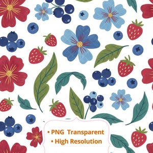 Pode incluir: Um padrão sem costura com flores vermelhas e azuis, mirtilos, morangos e folhas verdes sobre um fundo branco. O design inclui o texto "PNG Transparent" e "Alta Resolução".