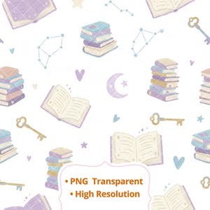 Pode incluir: Padrão repetitivo com pilhas de livros, livros abertos, chaves, constelações, corações, estrelas e uma lua crescente com uma estrela. A paleta de cores inclui tons pastel de roxo, azul, amarelo e bege sobre um fundo branco. O texto diz "PNG Transparente" e "Alta Resolução".