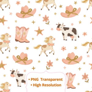 Pode incluir: Padrão repetitivo com chapéus de cowboy, botas, cavalos, vacas, flores e estrelas em tons de rosa, dourado e castanho sobre fundo branco. Inclui também o texto "PNG Transparente" e "Alta Resolução".