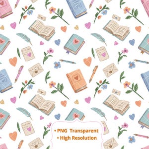 Pode incluir: Um padrão repetitivo de livros, canetas, envelopes, corações, flores e penas em um fundo branco. Os livros são em várias cores, incluindo rosa, azul e laranja. O texto "PNG Transparent" e "High Resolution" está na parte inferior.