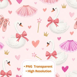 Pode incluir: Padrão repetitivo com cisnes brancos com laços rosa, tutus rosa, sapatilhas de ballet, coroas douradas, corações rosa e varinhas mágicas sobre um fundo rosa claro. O texto na imagem diz "PNG Transparente" e "Alta Resolução".