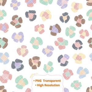 Pode incluir: Um padrão repetido de formas florais abstratas em cores pastel, incluindo rosa, verde, amarelo, castanho e roxo, com uma sobreposição de grade branca. O texto "PNG Transparent" e "High Resolution" está no canto inferior direito.