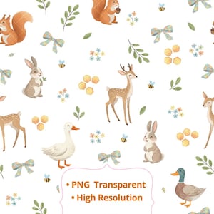 May include: A seamless pattern featuring woodland animals and floral elements on a white background. The design includes squirrels, rabbits, deer, ducks, bees, bows, and honeycomb shapes. The color palette consists of soft browns, greens, blues, and yellows.