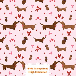 Pode incluir: Um padrão repetitivo em um fundo rosa com cachorros-salsicha de desenho animado, corações e laços. Os cachorros-salsicha estão em várias poses, alguns com laços rosa. Corações vermelhos e laços rosa estão espalhados pelo design. O texto "PNG Transparent" e "High Resolution" também está presente.
