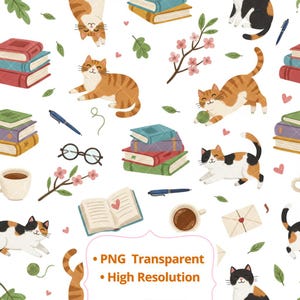 Pode incluir: Um padrão sem costura com gatos de desenho animado, livros, canetas, xícaras de café e elementos florais. Os gatos estão em várias poses e os livros estão empilhados. O texto "PNG Transparent" e "High Resolution" está incluído.
