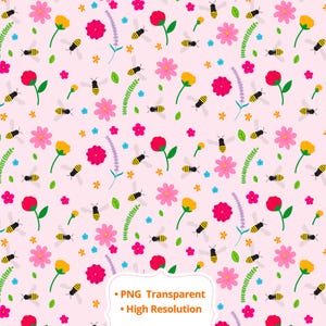 Bee & Flower Seamless Pattern - Transparent PNG, High Resolution for crafts, small business and any DIY