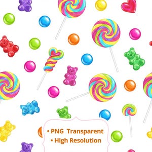 Pode incluir: Um padrão vibrante e sem costura com uma variedade de doces coloridos em um fundo branco. O design inclui pirulitos redemoinho, ursinhos de goma e doces redondos em várias cores como rosa, azul, verde e amarelo. O texto "PNG Transparent - High Resolution" também está presente.