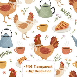 Pode incluir: Um padrão repetitivo com galinhas de desenho animado, chaleiras, xícaras de café e fatias de torta em um fundo branco. As galinhas são marrons e brancas com cristas vermelhas e laços brancos. O texto "PNG Transparent" e "High Resolution" também está presente.