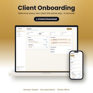 Könnte beinhalten: Eine digitale Benutzeroberfläche für das Kunden-Onboarding auf einem Laptop und einem Smartphone. Der Bildschirm zeigt ein Dashboard mit Kennzahlen, Fortschrittsbalken und Aufgabenlisten. Text beinhaltet Client Onboarding und Overview.