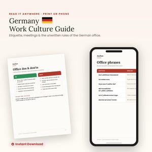 Könnte beinhalten: Ein digitaler Leitfaden zur deutschen Arbeitskultur, dargestellt auf einem Smartphone-Bildschirm und einer gedruckten Seite. Der Inhalt umfasst Büro-Dos und Don'ts, Etikette-Tipps und eine Tabelle mit gängigen deutschen Büro-Redewendungen.
