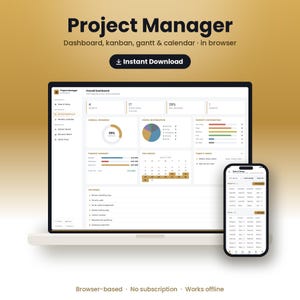 Könnte beinhalten: Ein digitales Projektmanagement-Dashboard auf einem Laptop-Bildschirm und einem Smartphone. Die Benutzeroberfläche zeigt Bereiche für Projekte, Aufgaben, Fortschritt, Finanzübersichten und Kalender. Der Text umfasst Project Manager und Instant Download.