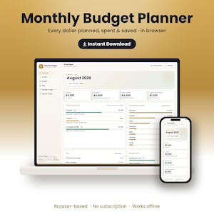 Könnte beinhalten: Ein digitaler monatlicher Budgetplaner auf einem Laptop-Bildschirm und einem Smartphone. Die Benutzeroberfläche zeigt Finanzdaten für August 2026, einschließlich Einkommen, geplanter Ausgaben und Sparziele. Text enthält 'Monthly Budget Planner' und 'Instant Download'.